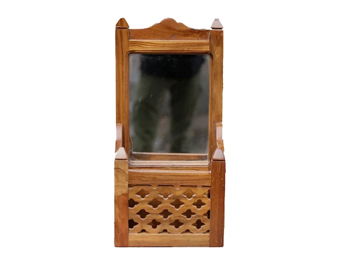 Wood Wall Hanging Mirror Frame With shelf, handmade Wood wall organiser, Mid-century wall fixture