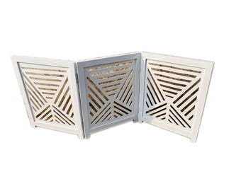 Mid century Small White Wooden Folding Divider, Partition, Handmade Self standing separator for pet and baby