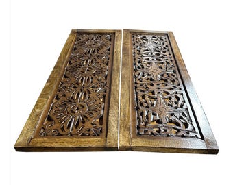 Large 2 pcs Mid century Brown Flower carving design Wall Panel, 72 x 24 inches Hanging Mandola art fixture