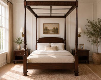 May include: A dark wood four-poster bed with a patterned headboard and footboard. The bed is made up with white bedding and a beige throw. Two matching nightstands flank the bed, each with a lamp. A rug with a floral pattern is on the floor.
