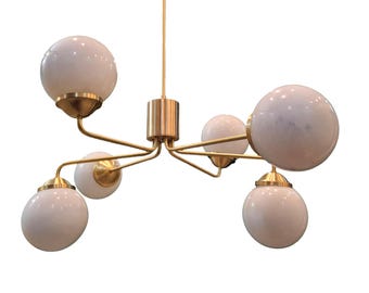 6 opal Globe Mid Century Brass Sputnik Chandelier, handmade Raw Brass Modern Ceiling Light Fixture