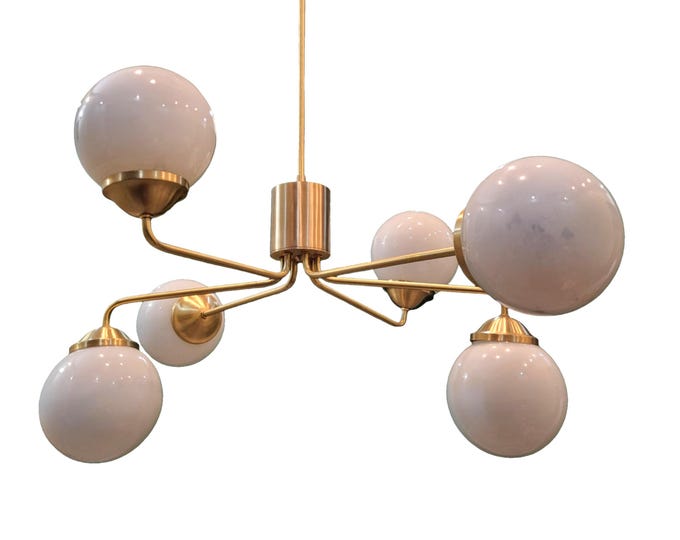 6 opal Globe Mid Century Brass Sputnik Chandelier, handmade Raw Brass Modern Ceiling Light Fixture