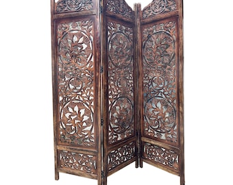Lotus Style Wooden Folding Divider, Partition, Handmade Brown Self standing screen, hand acrved Design Self Standing screen