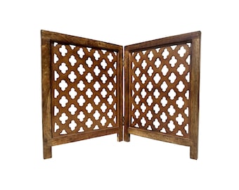 Mid century Mesh deign Small brown Wooden Folding Divider, Partition, Handmade Self standing separator for pet and baby