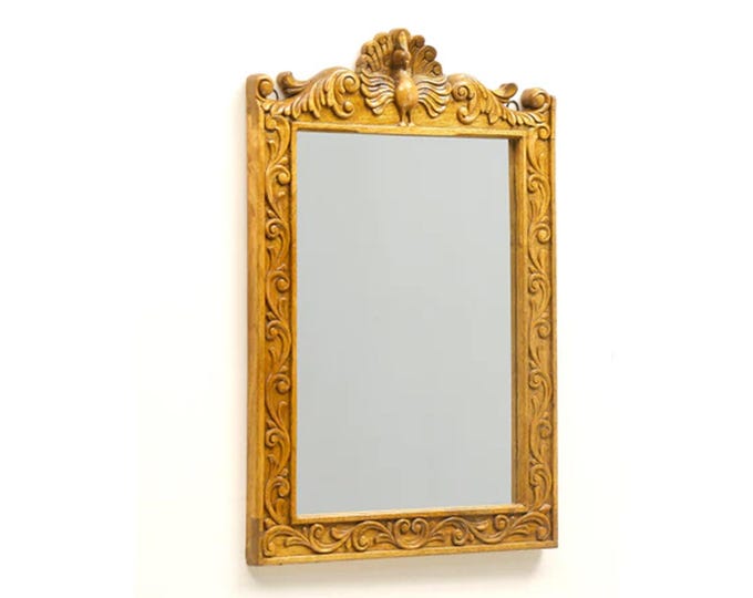 MId century gold Wooden wall mirror frame, handmade Wood wall decor mirror, Mid-century wall fixture