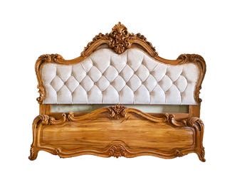 Handmade 20th Century Rococo Headboard, King/Queen French Louis XV wooden headboard and footboard