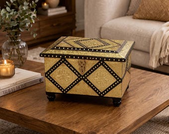 Handmade Wooden Treasure Chest: Hand Carved Brass Decor Storage Trunk