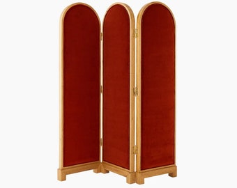 Mid-Century Handmade Wooden divider Red Velvet Fabric Stitching, Wood partition home décor