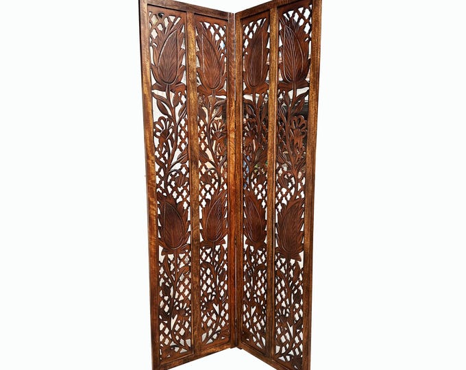 Mid century Brown Mesh Design Wooden Folding Divider, Partition, Handmade Self standing screen