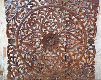 Mid century Wooden Hanging Fixture, Handmade Large Brown Carving Wall décor, mandola Arts