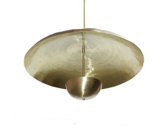 2 Light Brass 28 In diameter Shade Pendant Light, handmade Brush brass Mid century Curved disk Ceiling Light Fixture Chandelier
