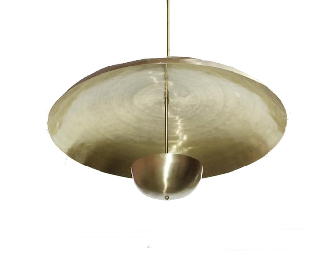 2 Light Brass 28 In diameter Shade Pendant Light, handmade Brush brass Mid century Curved disk Ceiling Light Fixture Chandelier