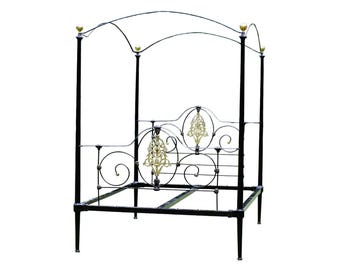 Brass Canopy Bed Frame, Wrought Iron 4 Poster bed with Iron slats, Handmade  Black and gold Unique bed