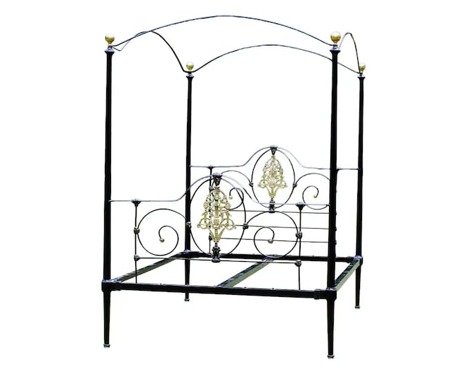 Brass Canopy Bed Frame, Wrought Iron 4 Poster bed with Iron slats, Handmade  Black and gold Unique bed