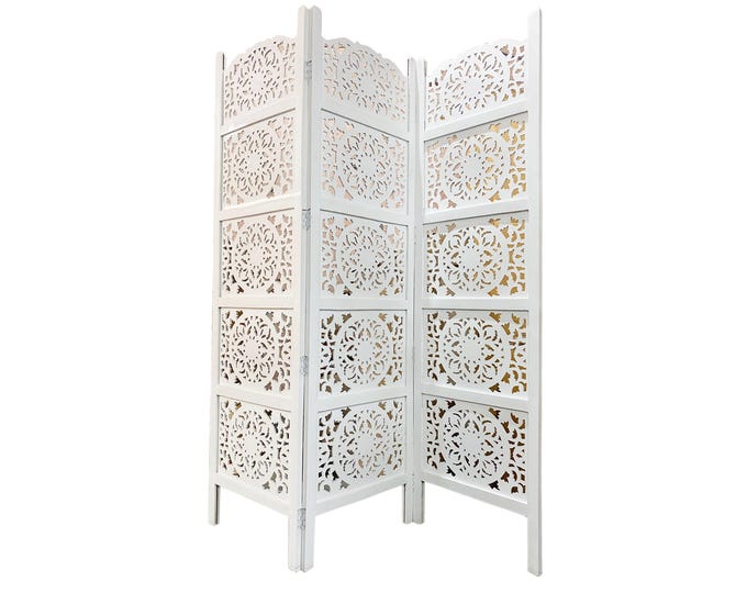 Mid century Mesh Design White Wooden Folding Divider, Partition, Handmade Self standing separator