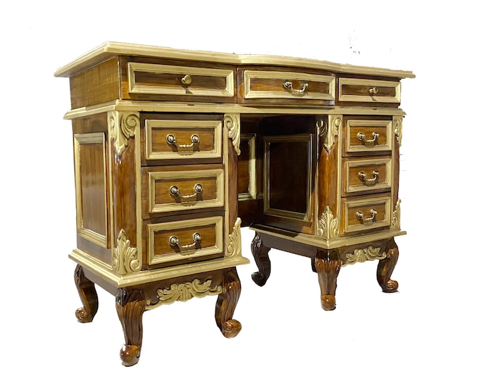 Mid century wooden Console Table, Hand carved Brown With Gold touch Finished 9 Drawers, Modern Hone and office furniture