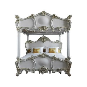 4 Poster/Bunk Bed With Silver Gilt wood Unique Rococo Style Finely Carved Handmade Low post High quality Bohemian Rococo Style Bed Frame