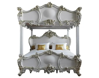 4 Poster/Bunk Bed With Silver Gilt wood Unique Rococo Style Finely Carved Handmade Low post High quality Bohemian Rococo Style Bed Frame