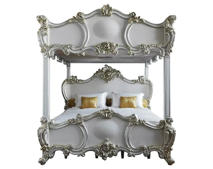 4 Poster/Bunk Bed With Silver Gilt wood Unique Rococo Style Finely Carved Handmade Low post High quality Bohemian Rococo Style Bed Frame