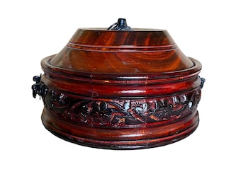 Wooden Casserole Dish, handmade Round carved Casserole with metal handle Brown Roti Chapati Box with Lid , housewarming gift