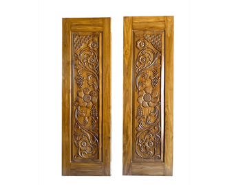 Teak Wood Door, hand Carved Floral design Door/ Wall panel Custom Size availbale,  Door 2 Door set