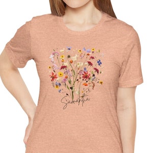 Personalized Boho Wildflower T-Shirt with your name in Script, Custom shirt, custom Wildflower shirt, boho wildflowers, floral shirt Heather Peach