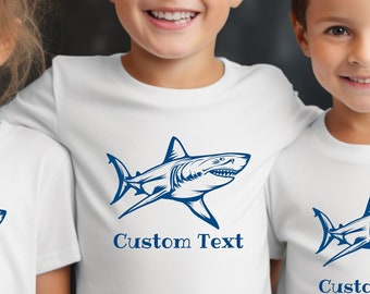 Benutzerdefinierter Text Weißer Hai T-Shirt für Kinder aus schwerer Baumwolle. Kinder Hai Shirt, Weißer Hai Shirt, Hai Geschenk, Hai Zeichnung