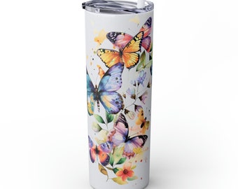 Watercolor Butterfly Skinny Tumbler with Straw, 20oz, Butterfly Gifts, Butterfly Tumbler, Butterfly Tumbler, Butterfly Gift Women