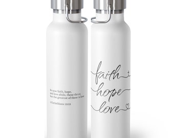 Faith Hope Love Script Copper Vacuum Insulated Bottle, 22oz. This is the perfect gift for your Christian friend, wife, daughter or teacher!