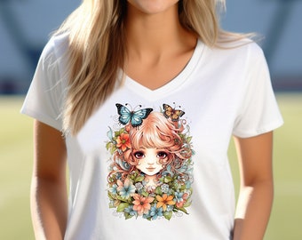 Fairy with Red Hair V-Neck t-shirt. Amazing Pretty Fairycore fairy in beautiful Flowercore colors