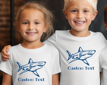 T-shirt grand requin blanc avec texte personnalisé Chemise en coton épais pour enfants. Chemise requin pour enfants, chemise grand requin blanc, cadeau requin, dessin de requin