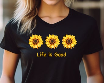 Het leven is goed Zonnebloemshirt, Zonnebloem T-shirt met korte mouwen, V-hals, Botanisch shirt
