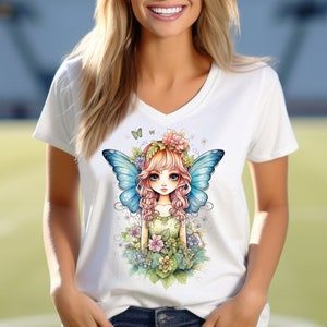Fairy with Blue Wings V-Neck t-shirt. Amazing Pretty Fairycore fairy in beautiful Flowercore colors image 1