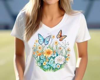 Wildflowers and Butterflies V-Neck t-shirt. Amazing flowers in beautiful Flowercore colors