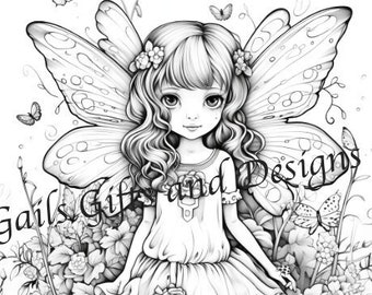 Fairy with Butterflies Coloring Page for Adults Downloadable File Book Five, Amazing Fairy, Fairycore fairy with Flowers and a Ladybug.