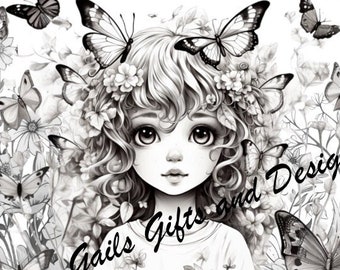 Cute Fairy Coloring Page for Adults Book One, Amazing Fairy, Fairycore fairy with Butterflies, Downloadable File