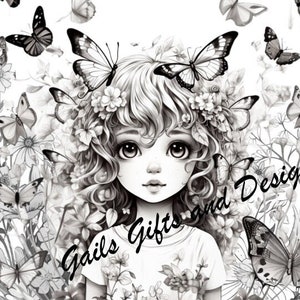 Cute Fairy Coloring Page for Adults Book One, Amazing Fairy, Fairycore fairy with Butterflies, Downloadable File image 1