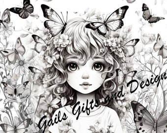 Fairies Book of 5 Coloring Pages for Adults Downloadable File Book One, Amazing Fairycore fairy with Flowers and Butterflies