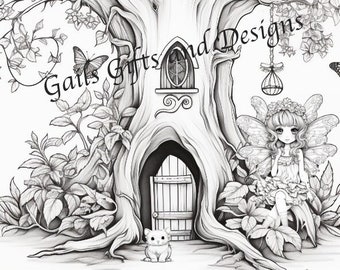 Fairy with Tree House Coloring Page for Adults Downloadable File Book Six, Amazing Fairy, Fairycore fairy with a Cute Pet and Fairy house