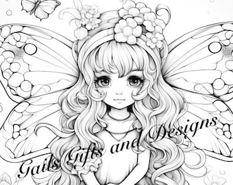 Fairy with Toadstool Coloring Page for Adults Downloadable File Book Two, Amazing Fairy, Fairycore fairy with Flowers and Butterflies