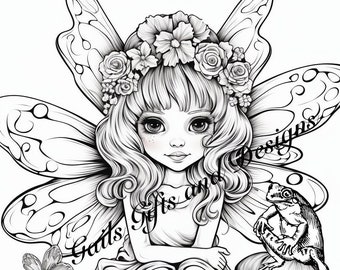 Fairy with Toadstool Coloring Page for Adults Downloadable File Book Three, Amazing Fairy, Fairycore fairy with Flowers and a Frog