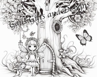 Fairy with Tree House Coloring Page for Adults Downloadable File Book Five, Amazing Fairy, Fairycore fairy with Flowers and Fairy house