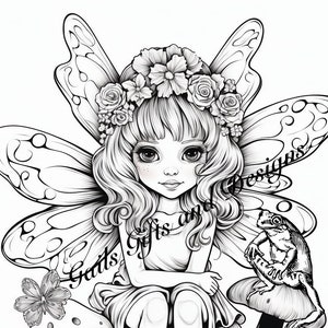 Fairy with Toadstool Coloring Page for Adults Downloadable File Book Three, Amazing Fairy, Fairycore fairy with Flowers and a Frog image 1