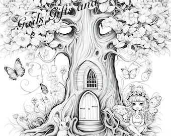 Fairy with Tree House Coloring Page for Adults Downloadable File Book Four, Amazing Fairy, Fairycore fairy with Flowers and Fairy house