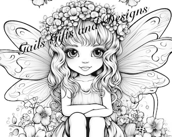 Cute Fairy with Toadstools Coloring Page for Adults Downloadable File Book Four, Amazing Fairycore fairy with Butterflies and a Bunny