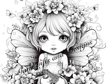 Fairies Book of 5 Coloring Pages for Adults Downloadable File Book Four, Amazing Fairycore fairy with Flowers, Toadstools and a Tree House