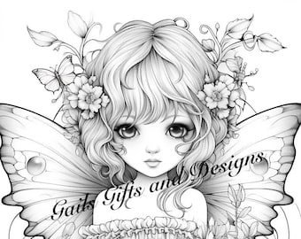 Fée avec des fleurs Coloriage pour adultes Fichier téléchargeable Livre quatre, Fée étonnante, Fée Fairycore avec des fleurs et une coccinelle