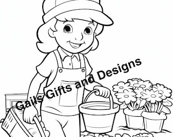 Girl gardening Coloring Page for Instant Download, Cute coloring page of a girl dressed watering flowers in a pot garden