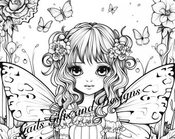 Cute Fairy with Butterflies Coloring Page for Adults Downloadable File Book Three, Amazing Fairycore fairy with Flowers and Butterflies