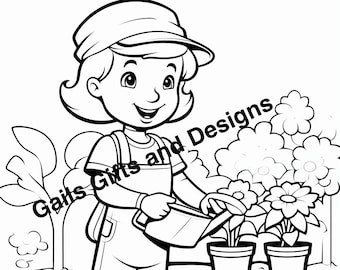 Girl gardening Coloring Page for Instant Download, Cute coloring page of a girl dressed watering flowers in a pot garden